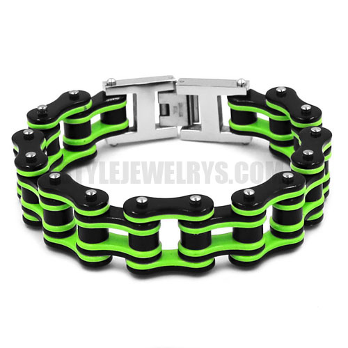 Bling Motor Biker Bracelet Stainless Steel Jewelry Bracelet Fashion Heavy Black and Bright Green Bicycle Chain Motor Bracelet Men Bracelet SJB0320 - Click Image to Close